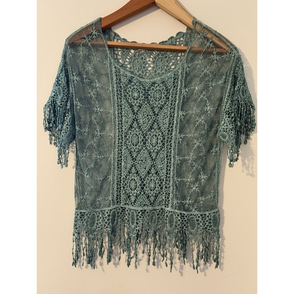 Lace Sheer Fringe Simply Couture L Green Floral Chic Layering Top Cottage Spring